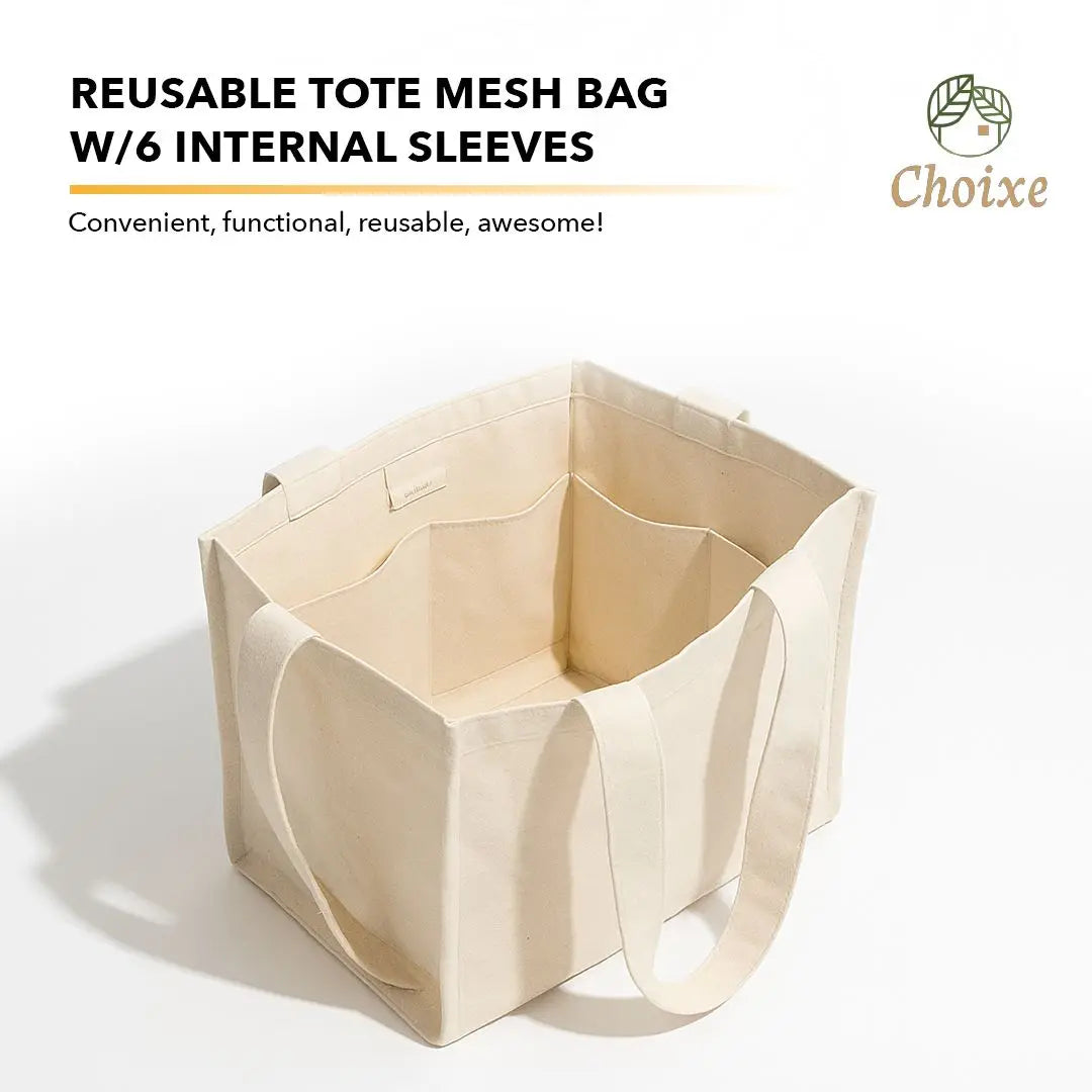 Reusable Organic Cotton Mesh Grocery Bag, with 6 Internal Sleeves, Eco-Friendly Washable, .