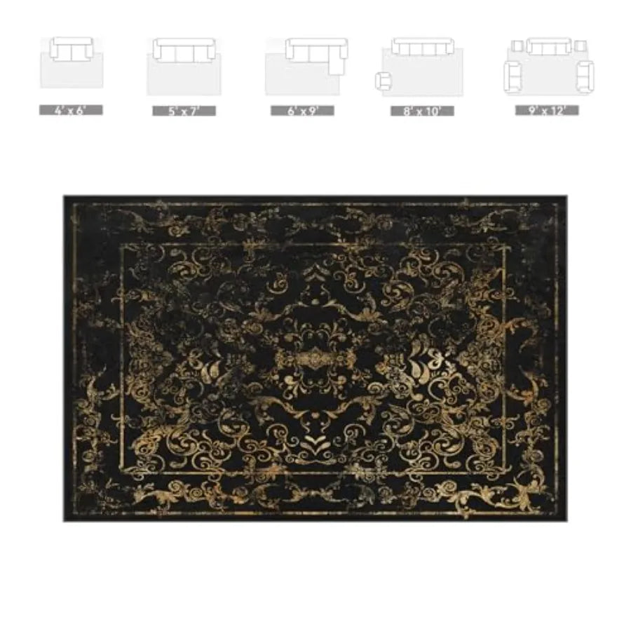 Dark Baroque Gold Black Area Rug 8x10 Intricate Filigree Design