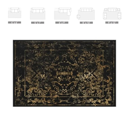 Dark Baroque Gold Black Area Rug 8x10 Intricate Filigree Design
