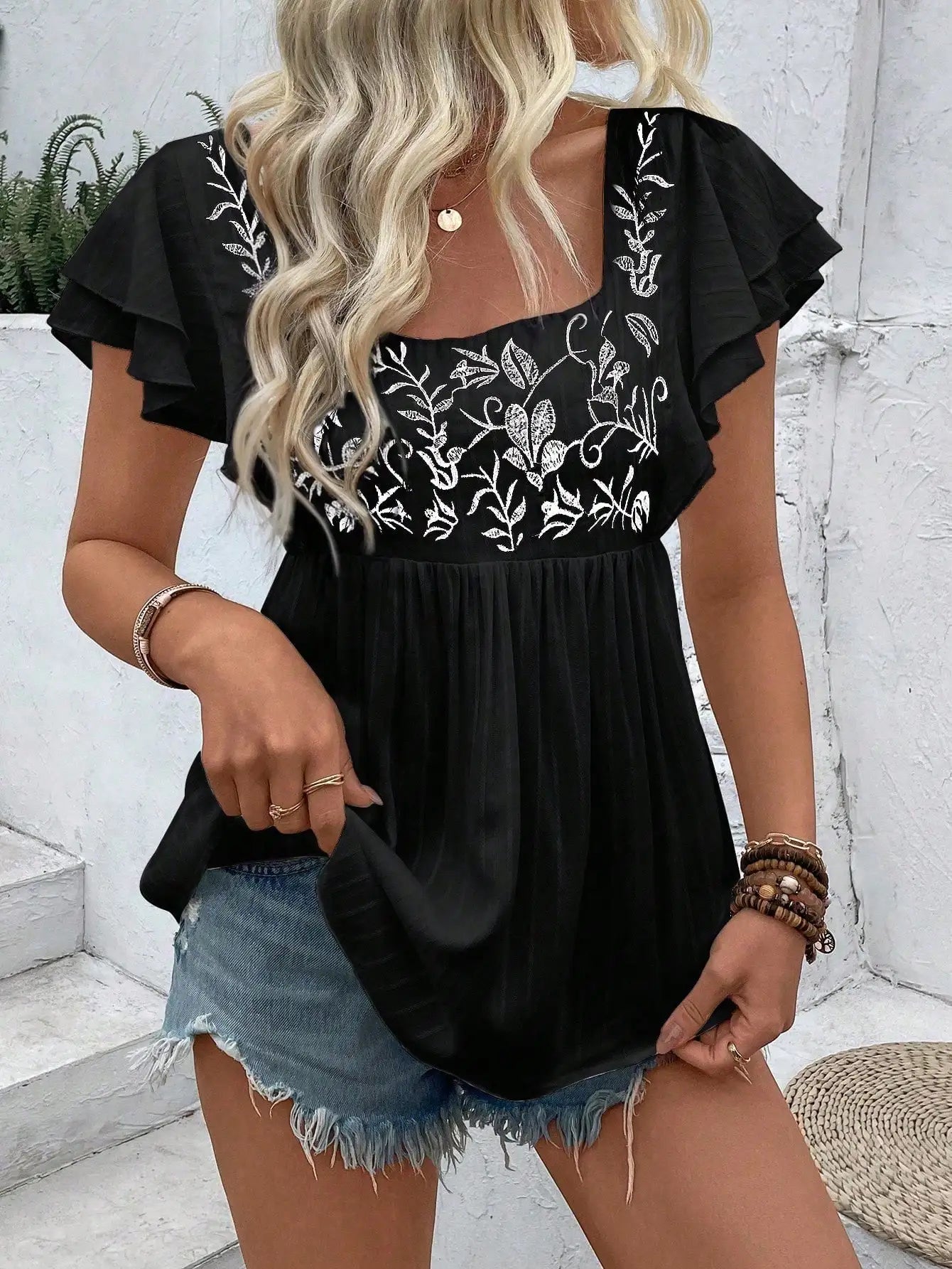 Women's Summer Square Neck Embroidered Short Sleeve Peplum Top