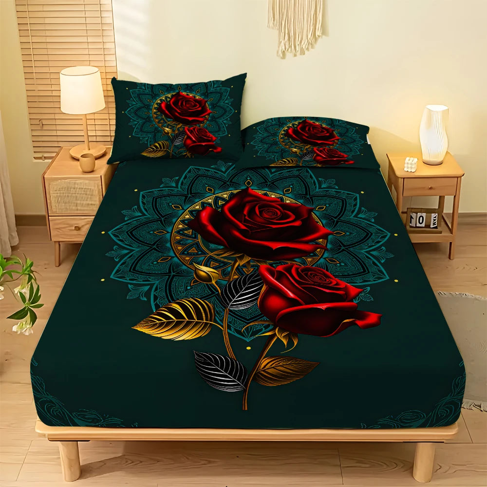3Piece Bed Sheet Set Green&Rose Flower Printing 1 Fitted Sheet 2 Pillowcases. Microfiber Deep Pocket Full Queen King