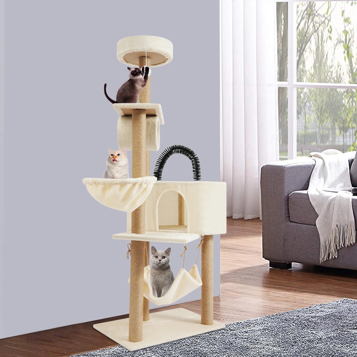 1.6m Cat Scratching Post Multi-Level Cat Tower  Cat Climbing Frame with Cat Cave Hammock Hanging Ball Jumping Platforms for Indoor Large Cats