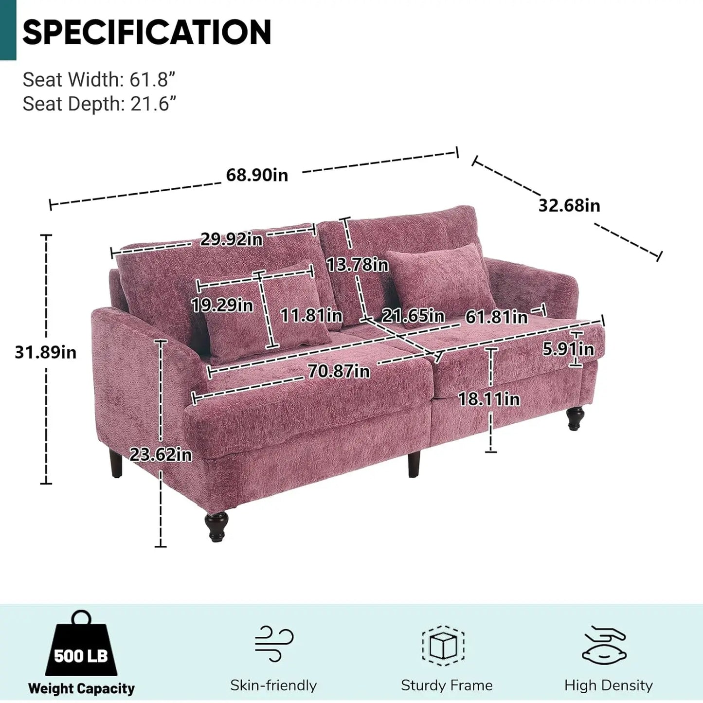 70 inch Loveseat Sofa, Mid-Century Modern Love Seat Couch with Wood Legs, Upholstered Comfy Sofa.
