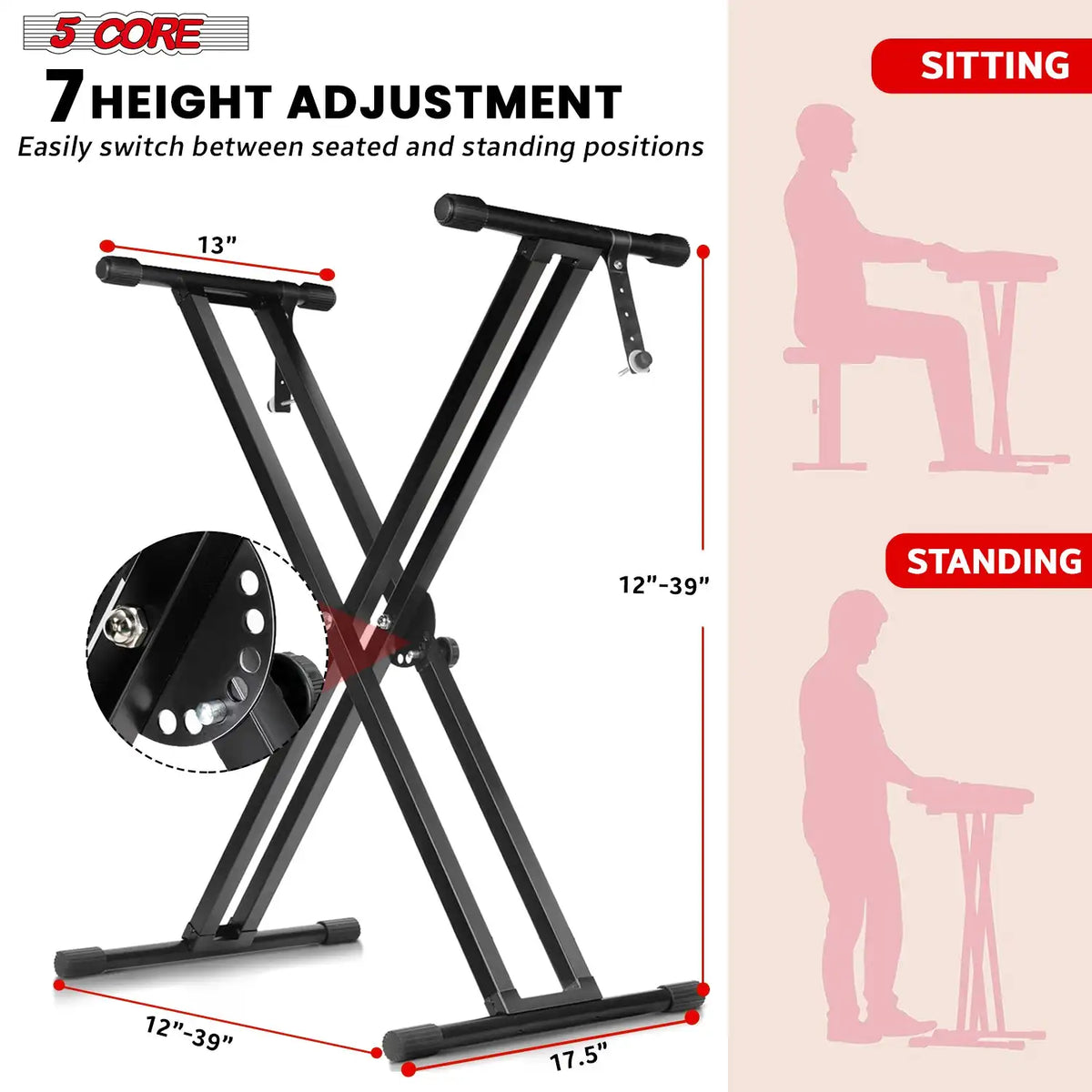 5 Core Keyboard Stand Double X Style Adjustable Piano Riser + Keyboard Piano Bench .
