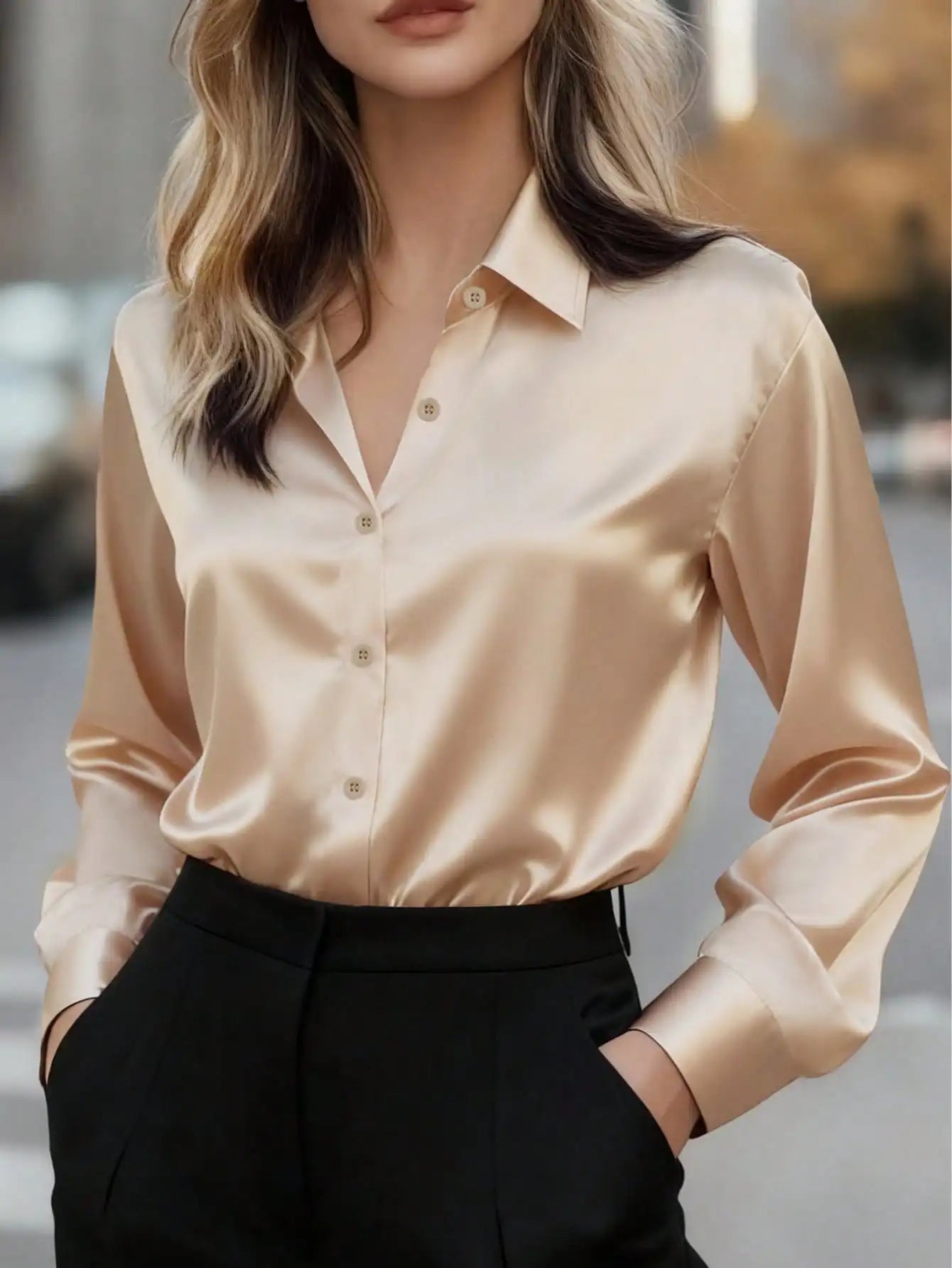 Women's Satin Button-Up Blouse, Apparel