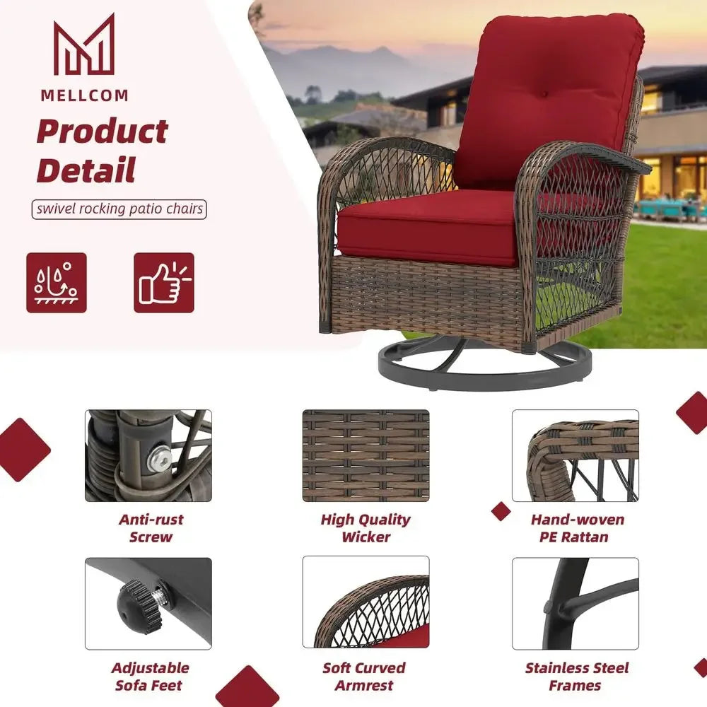 3-Piece Outdoor Swivel Rocker Set with Wicker Bistro Chairs, Cushions, and Glass Coffee Table in Wine Red .