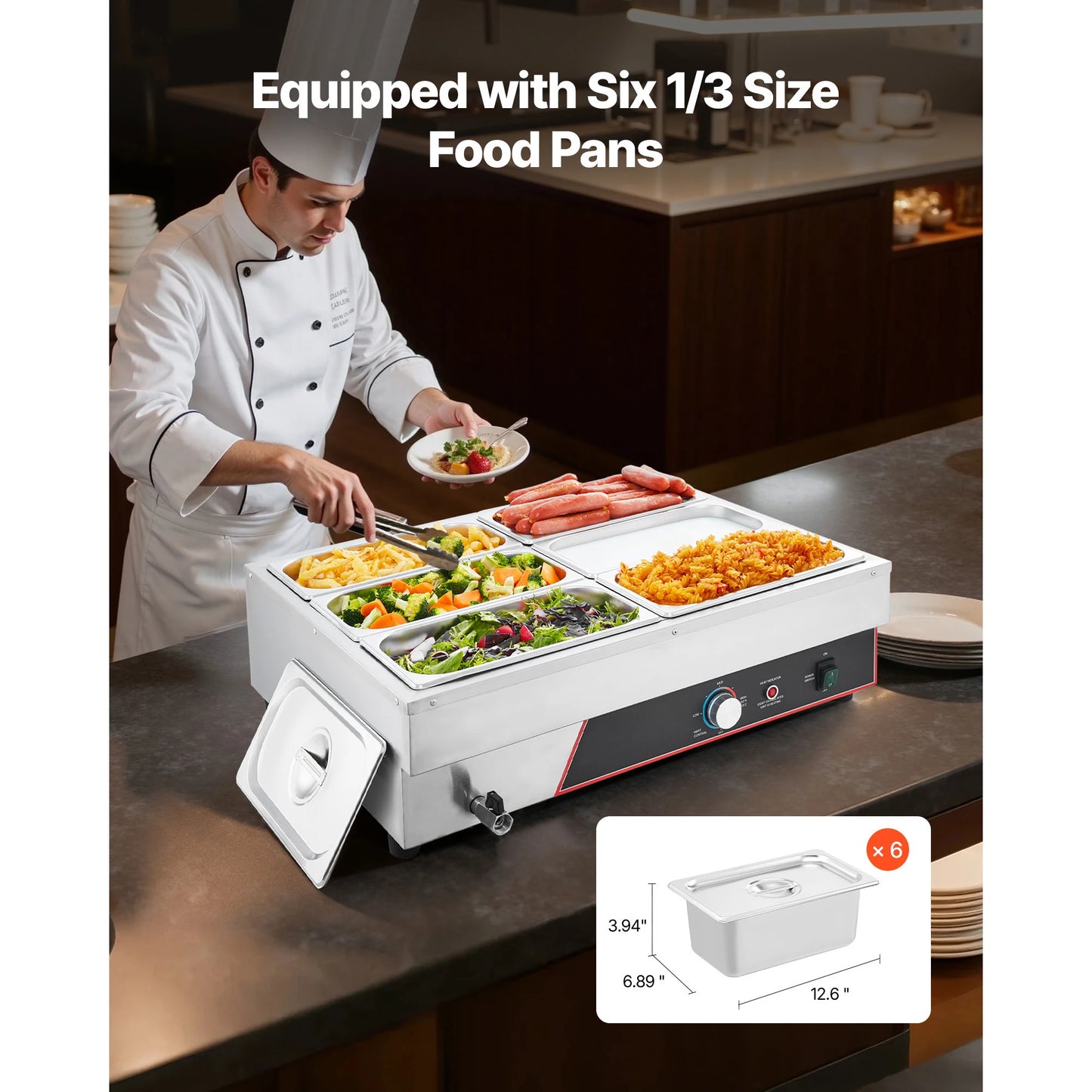SucceBuy Commercial Food Warmer 1500W Electric Stainless Steel Steam Food Warming with Lid for Catering.