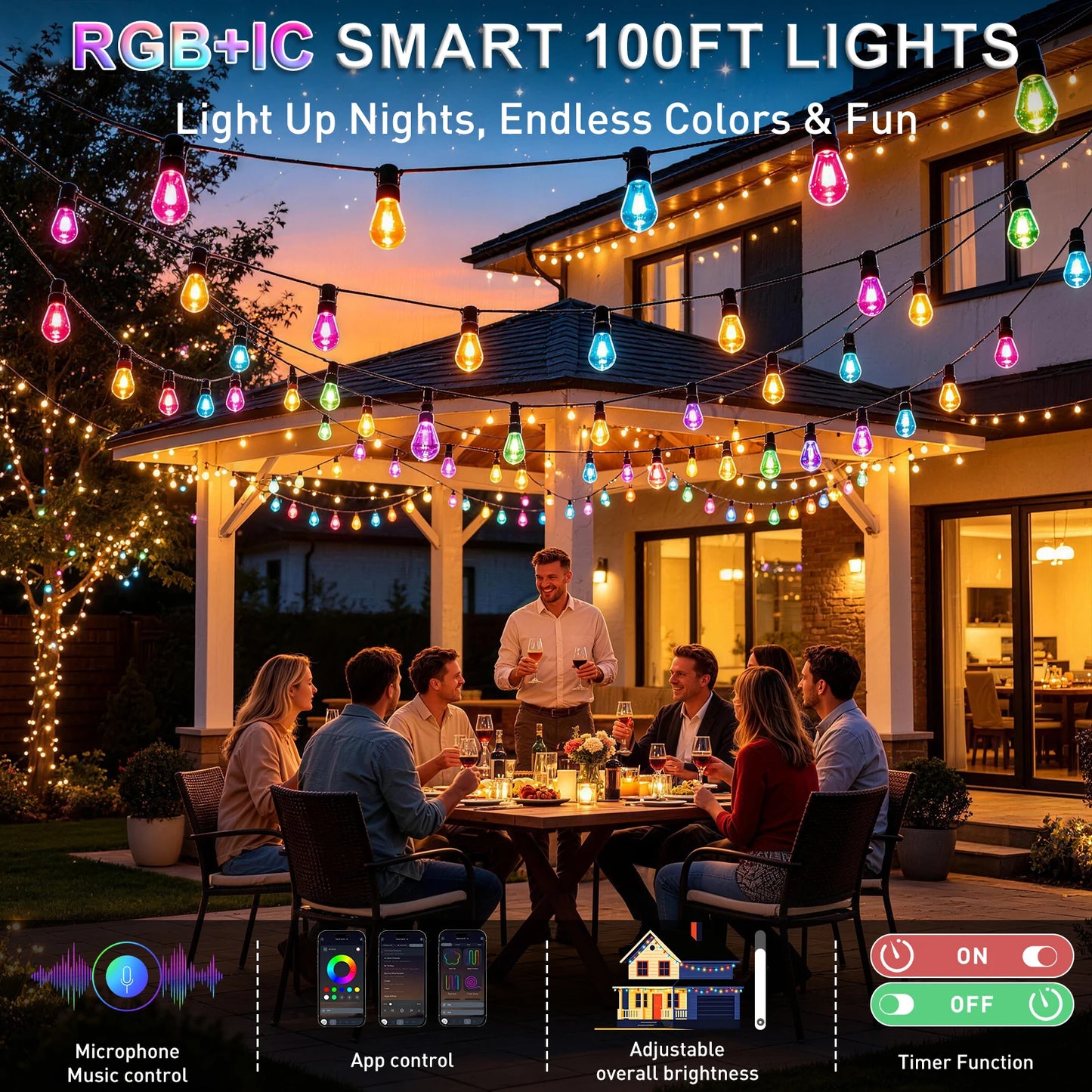 100 FT Multicolor Globe LED String Lights, IP65 Waterproof Shatterproof Sphere .
