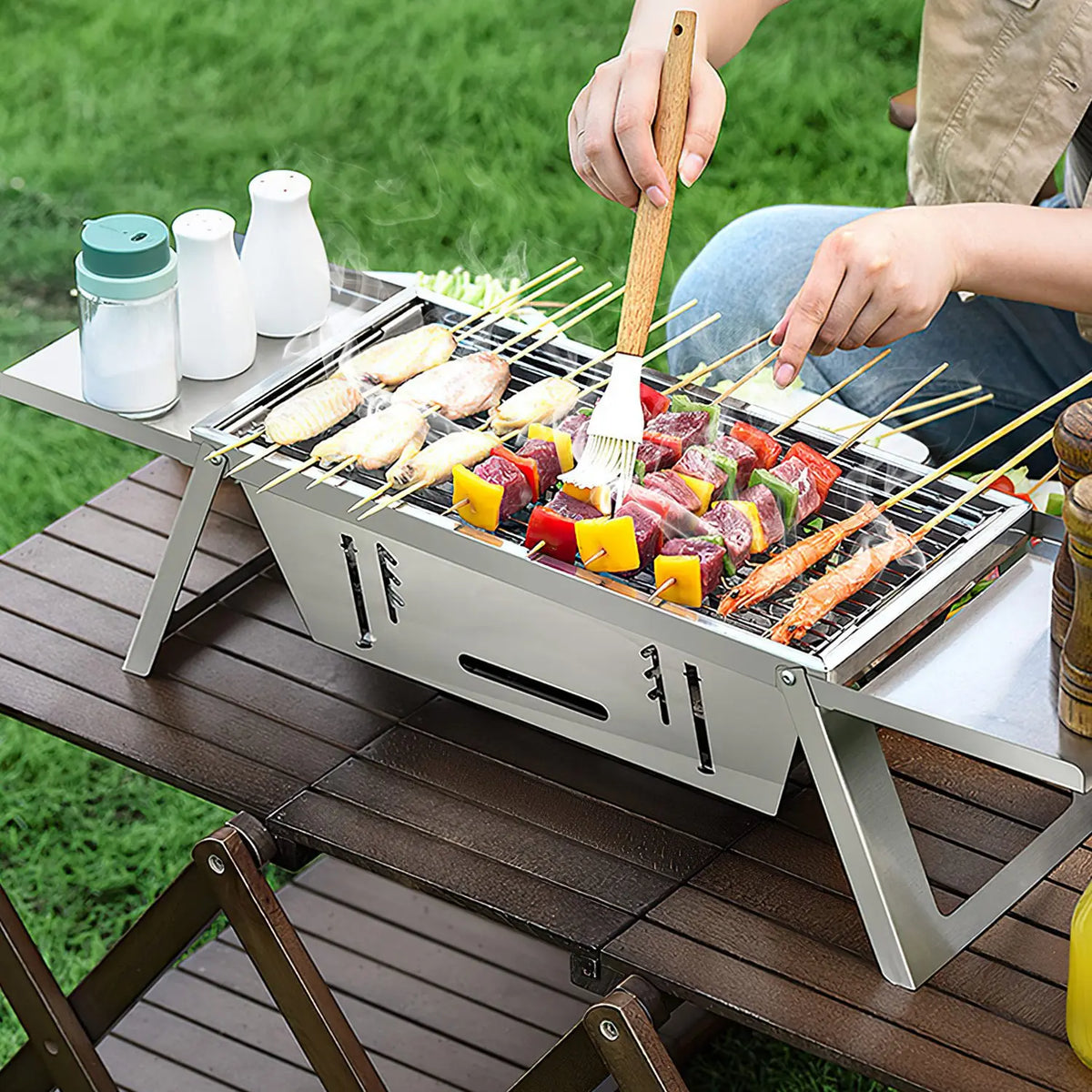 Foldable Charcoal BBQ Grill Stainless Steel Grill. Tabletop Barbecue Grill