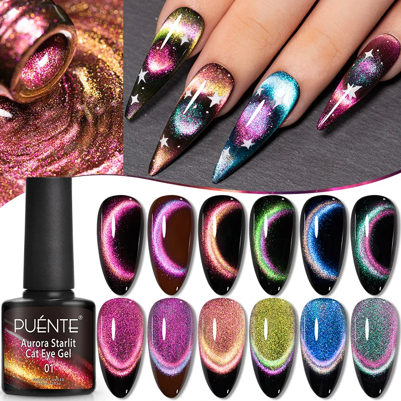 6pcs Magnetic Cat Eye Gel Polish Set, Aurora Glitter Rainbow Colors,.