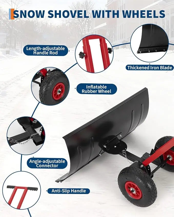 36cm  Wheeled Snow Shovel,Snow Pusher w/Adj Handle Carbon Steel Blade..