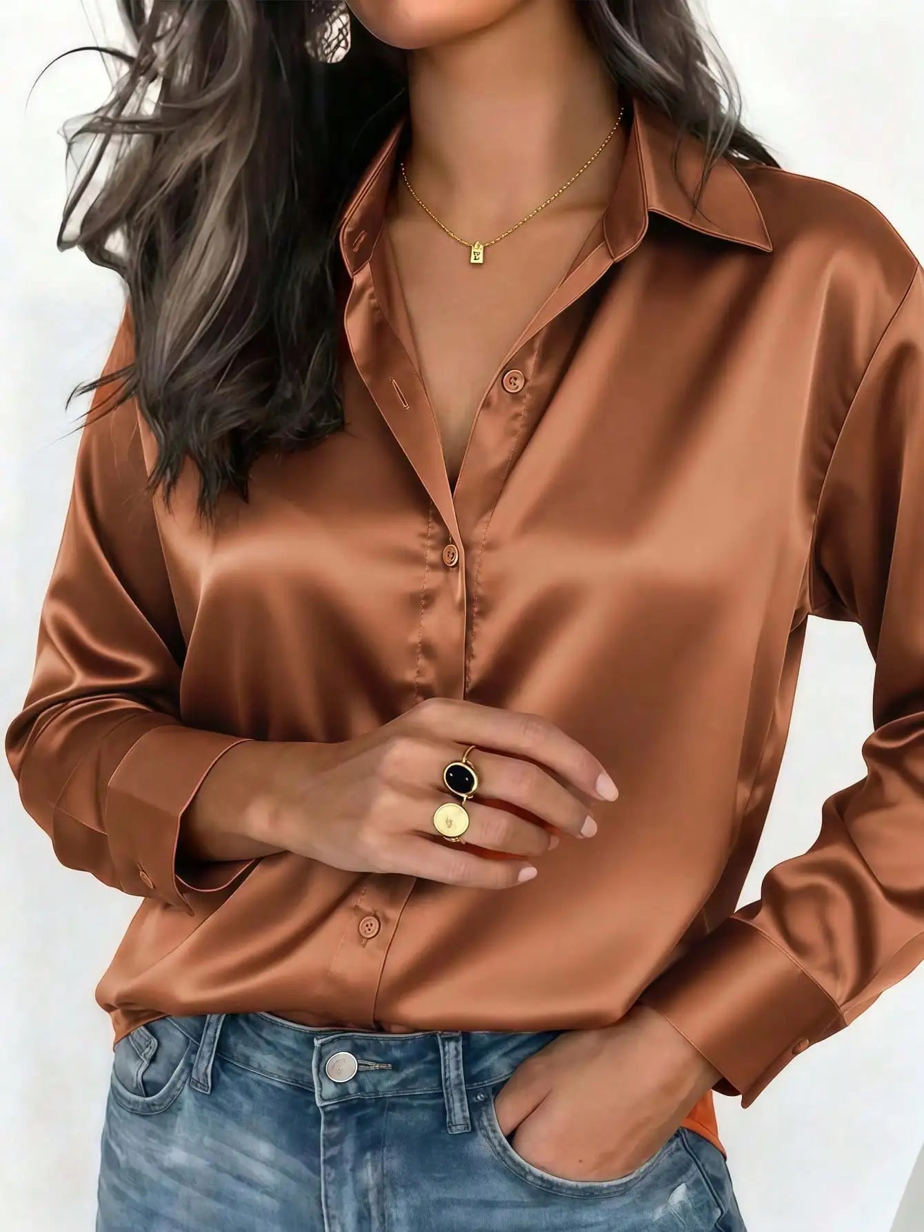 Women's Satin Button-Up Blouse, Apparel