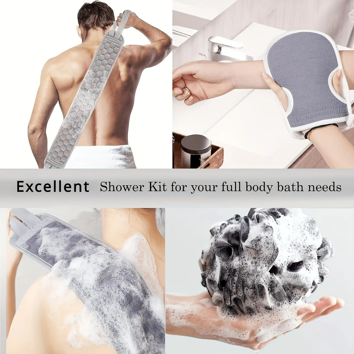 Exfoliating Body Scrubber Set - Includes Back Scrubber, Bath Glove And Shower Bath Sponge Loofah .