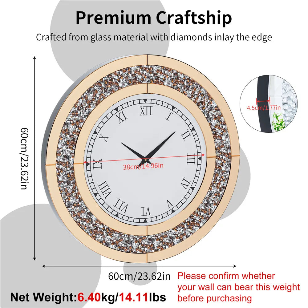 Large Mirror Wall Clock with Crushed Diamond Edge, Sparkling Bling Bling Crystal Round Clock. Luxury Glamorous Home Decor, Silent Non-Ticking Quartz, .