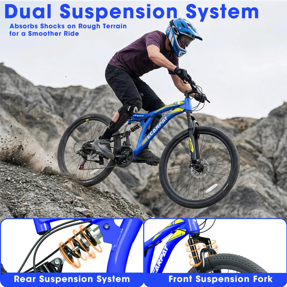 26 Inch Mountain Bike with 21-Speeds & Full Suspension Steel Frame, Alloy Rims, Disc Brakes For All Terrains,.