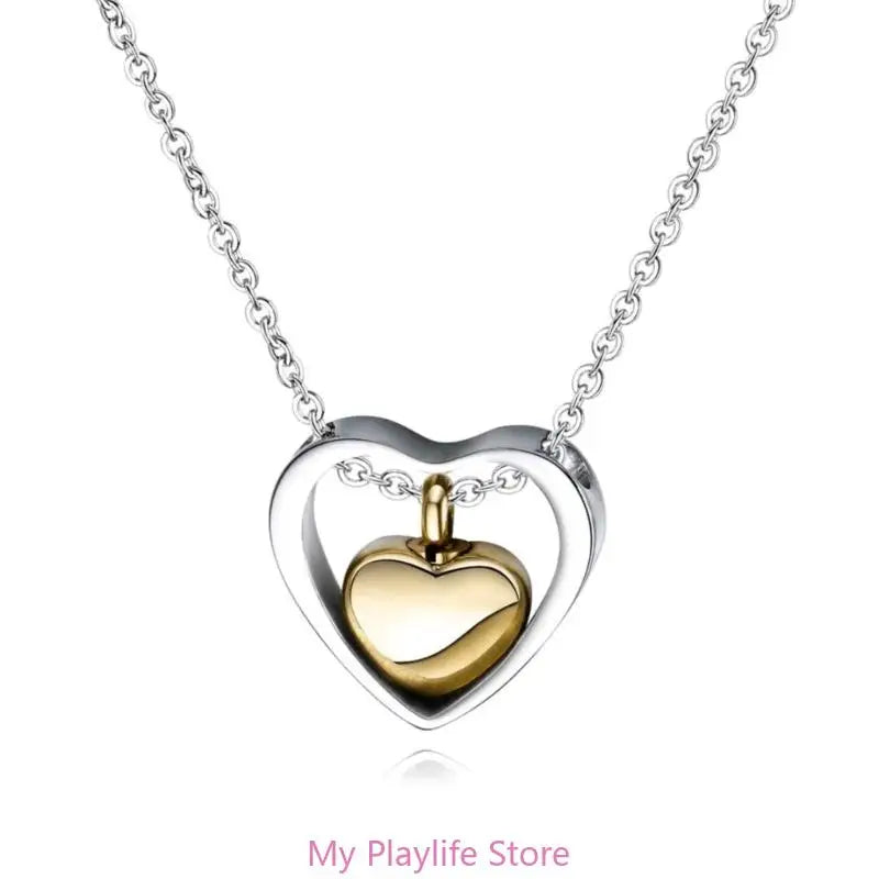 Stainless Steel Double Heart Cremation Urn Necklace Funnel Fill Memorial Ashes .