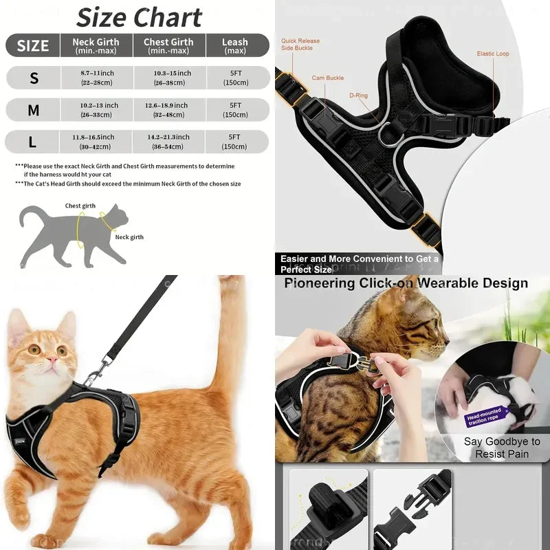 Cat Harness And Leash Set Anti‑Escape Soft Adjustable Breathable Vest‑Style Harness Easy Wear Comfort Safety Kit For Kitten .