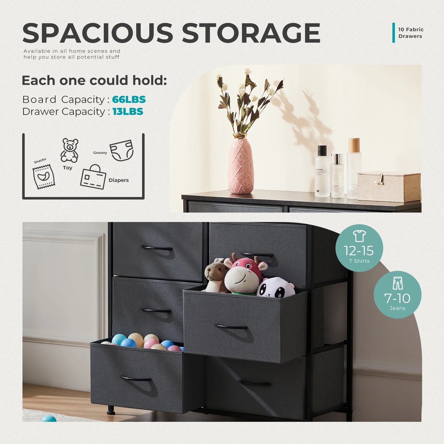 Bedside Table For Bedroom With 10 Fabric Drawers Nightstand Storage Cabinet