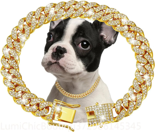 Luxury Gold Metal Dog Chain Collar Bling Pet Jewelry Necklace For Small Medium Large Dogs. Cats .