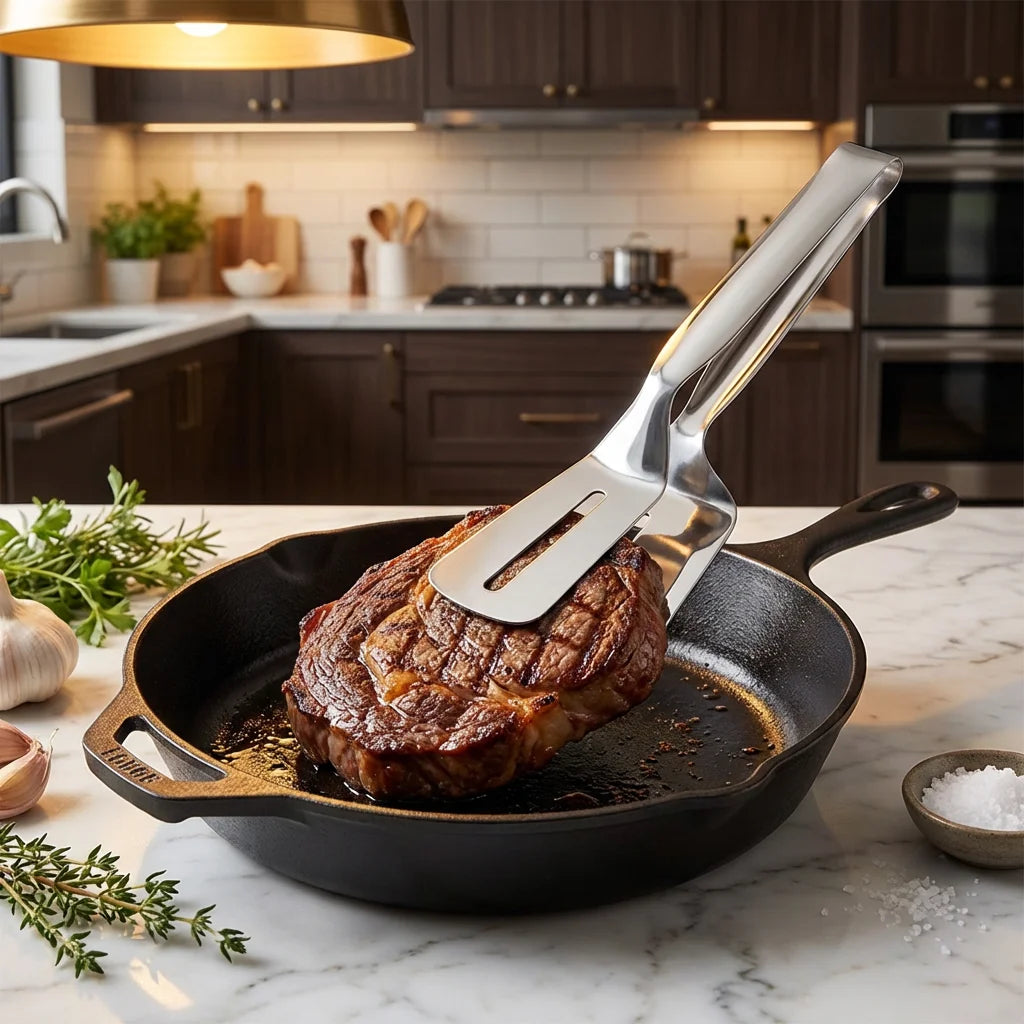 Durable Stainless Steel Steak Clip - Multifunctional Grill Tongs with Spatula,