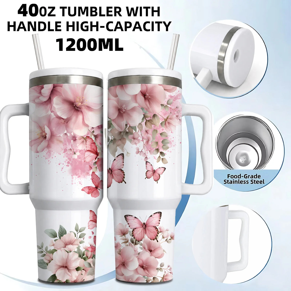 1pc of a 16Oz/40Oz Pink Floral Butterfly Tumbler Featuring a Handle And Straw Designed to Fit in Cup Holders