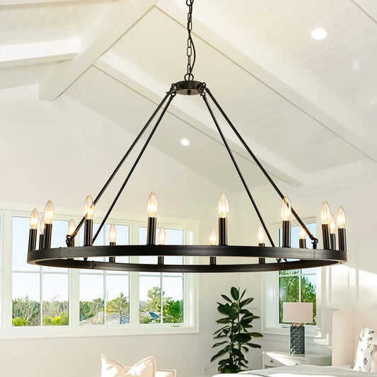 16-Light Wagon Wheel Chandelier Round Matte 43 inch Modern Rustic Farmhouse
