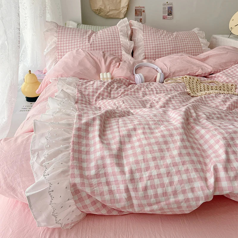 3 Piece Sheet Set  pink plaid duvet cover Set  Bedspread for All Season