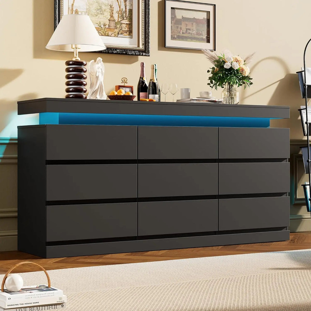 63in 9 Drawer Dresser With LED Lights & Charging Station, .