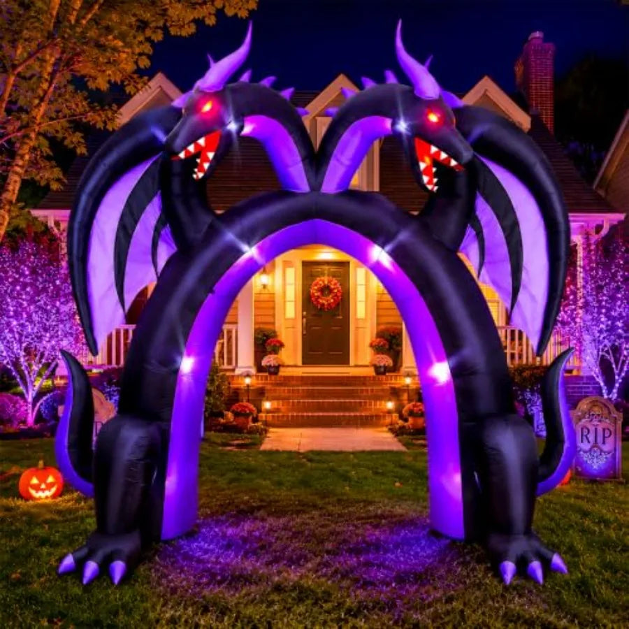Halloween inflatable dragon archway for outdoor use, PVC material, black and red, double-headed walk-through design .