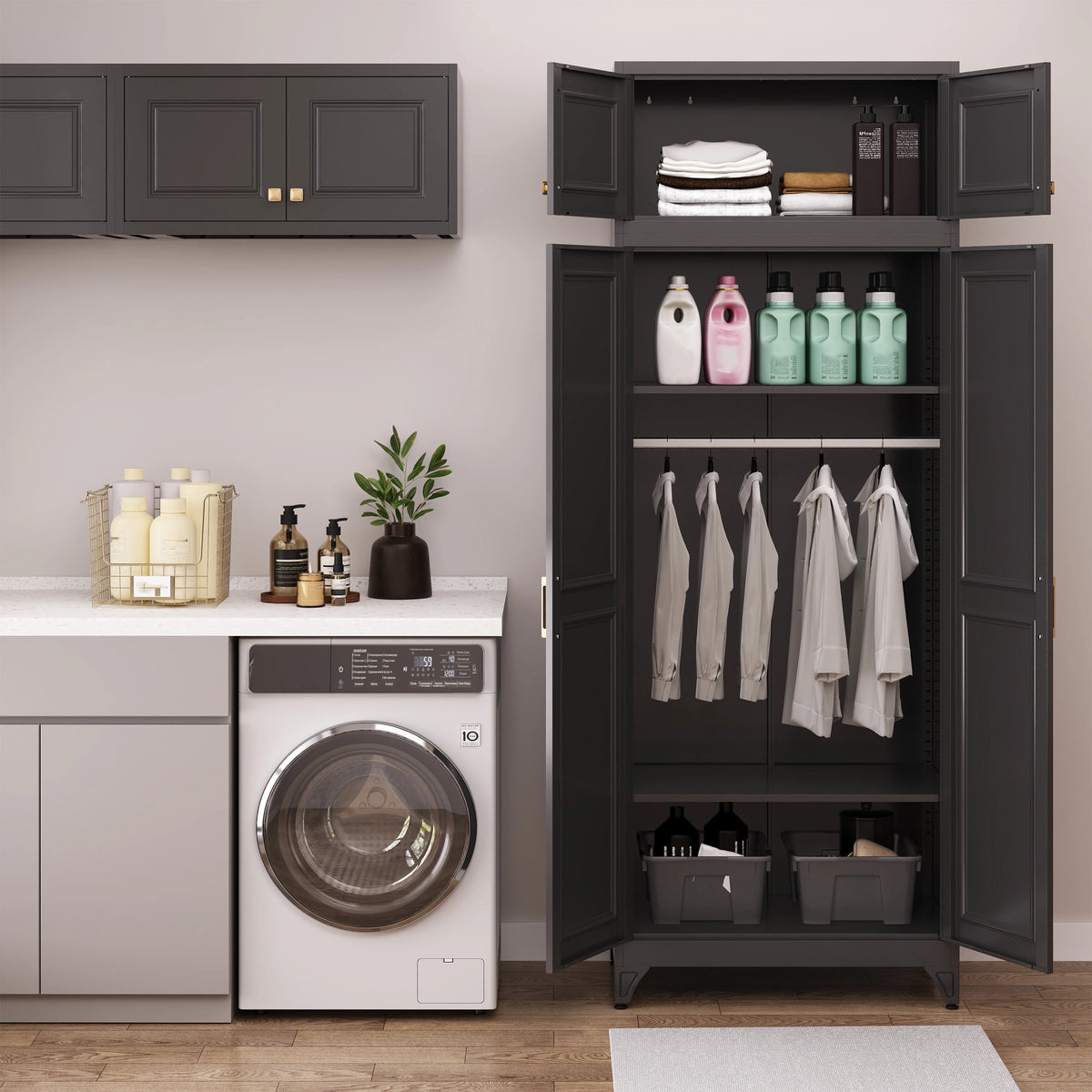 Steel Long Adult Modern Steel Armoire Wardrobe Storage Closet with 2 Doors and Shelves .