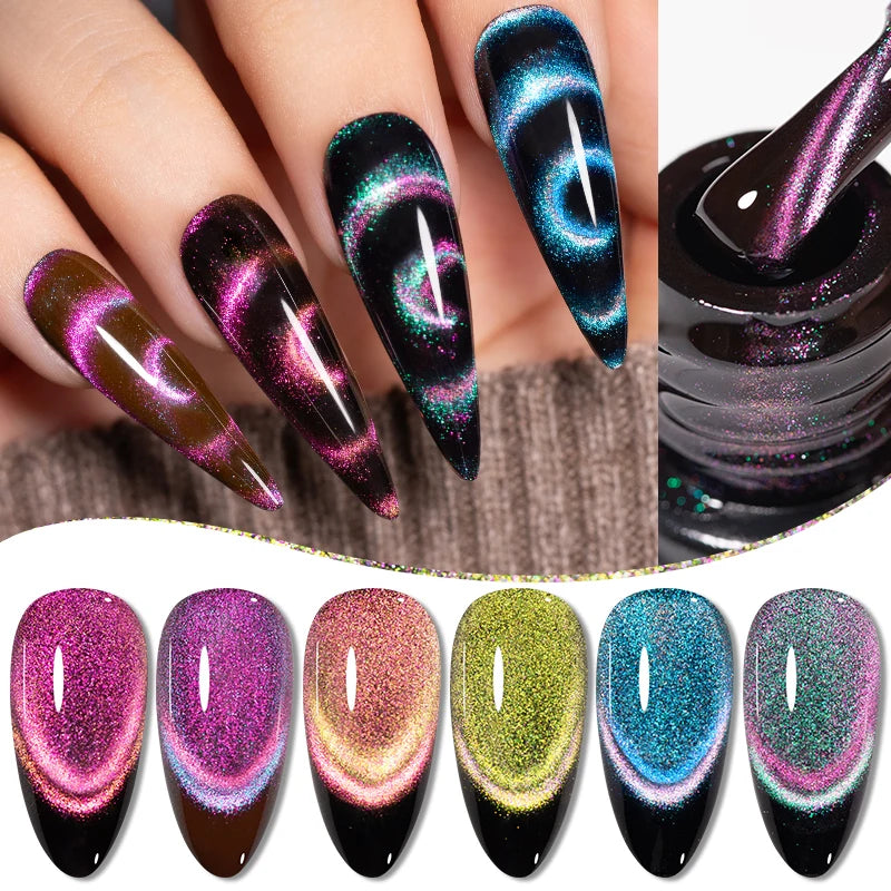 6pcs Magnetic Cat Eye Gel Polish Set, Aurora Glitter Rainbow Colors,.