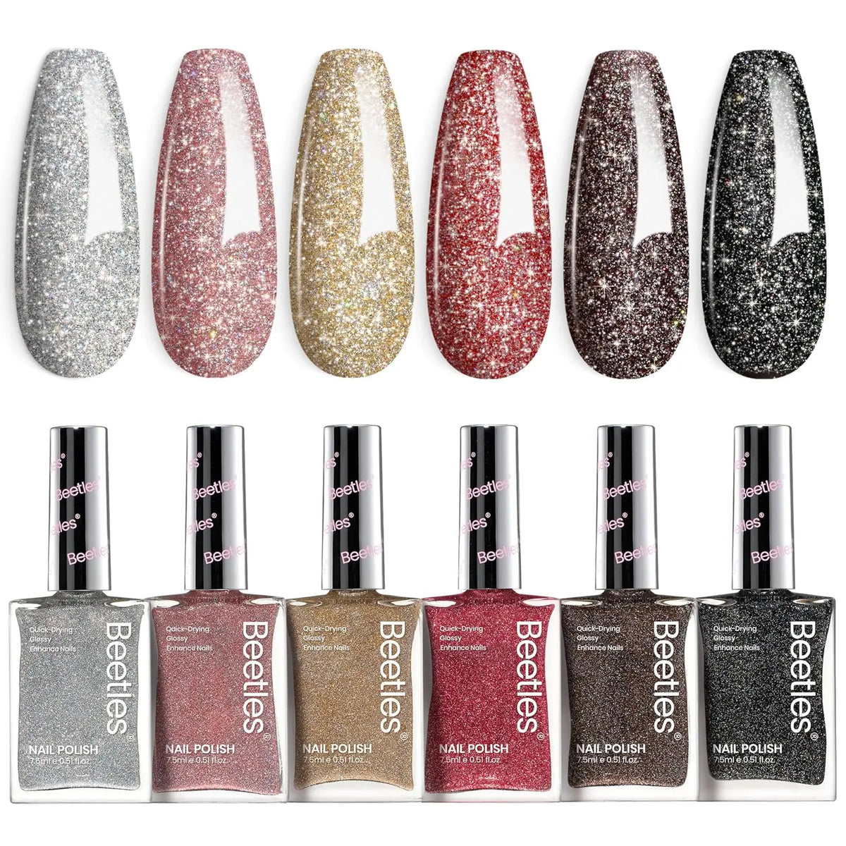 Beetles Glitter Nail Polish Set, 6 Colors Silver Pink Gold Red Brown Black .