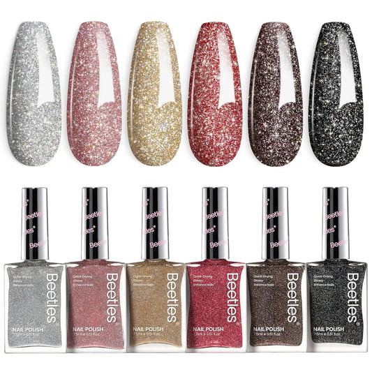 Beetles Glitter Nail Polish Set, 6 Colors Silver Pink Gold Red Brown Black .