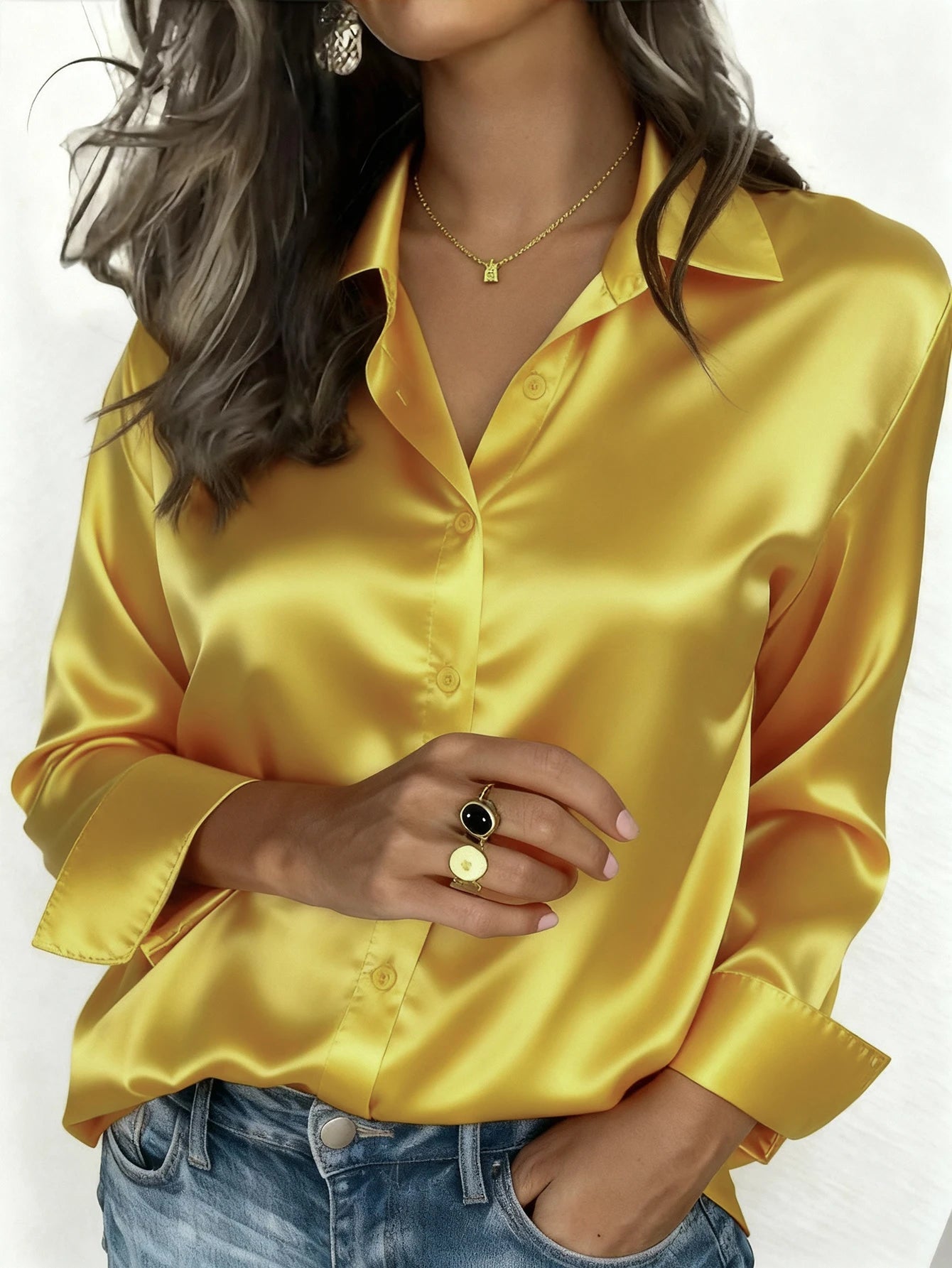 Women's Satin Button-Up Blouse, Apparel
