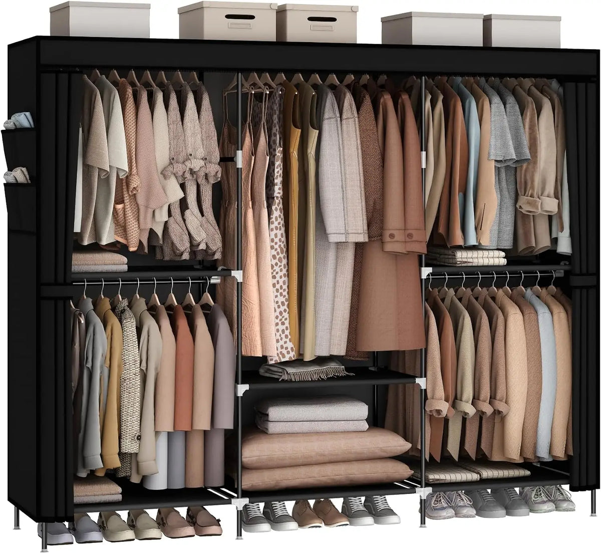 83" Portable Wardrobe Closet .Freestanding Clothes Rack Organizer with Dust Cover, 5 Hanging Rods & 6 Storage drawers