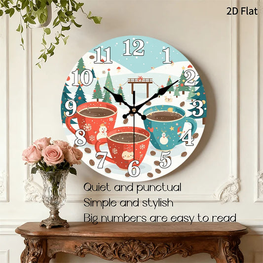 1pc Modern Minimalist Round Wall Clock with Coffee Cup Design - Silent Non-Ticking Battery-