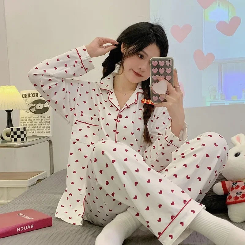 Korean Style Long-Sleeved Pajamas Set for Women Spring Autumn