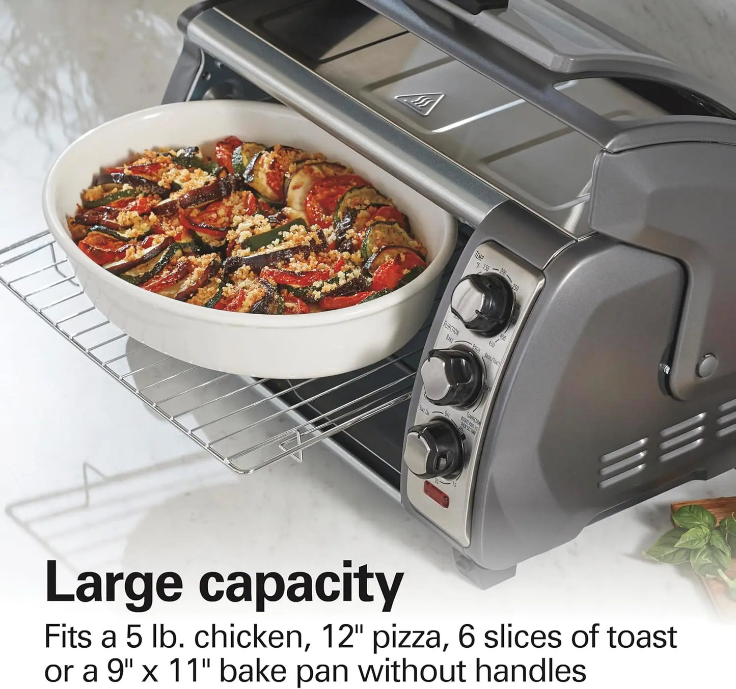 6 Slice Convection Toaster Oven With Easy Reach Roll-Top Door., Auto Shutoff, Silver.