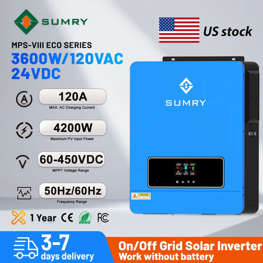 SUMRY 3.6KW 24V 120V Solar Inverter Pure Sine Wave Off Grid MPPT 110A Controller Charger 120A for Home Use