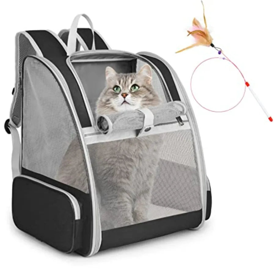 Cat Backpack Carrier, Large Pet Carrier Backpack with Kitten Wand Feather Toy