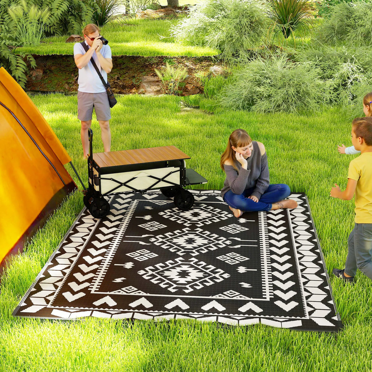 Outdoor Rug, 8' x 10' Floor Mat, Black White Rhombus Patchwork