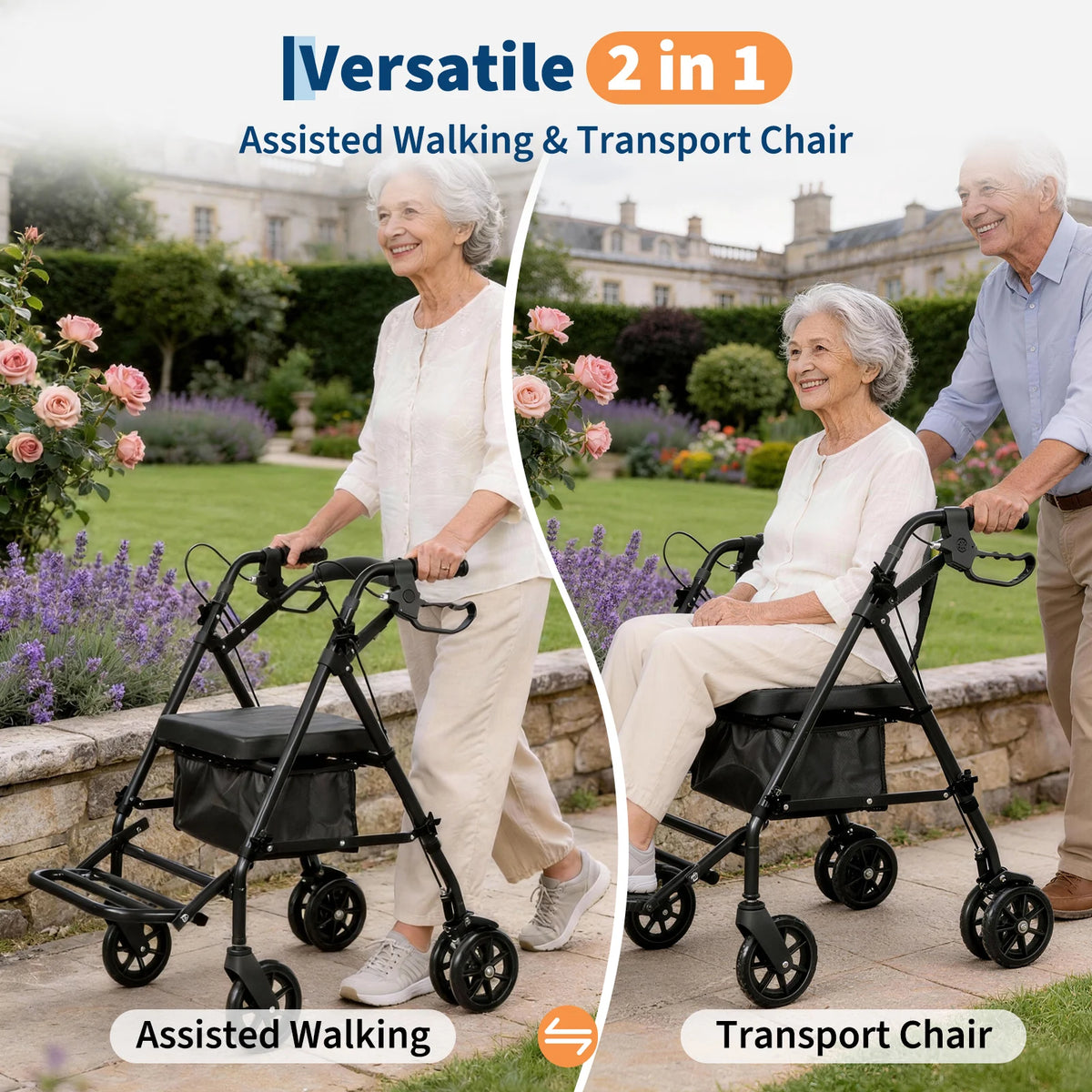 Lightweight Foldable Transport Wheelchair for Adults Foldable Portable Wheelchair Adjustable Height & Under seat Storage Bag