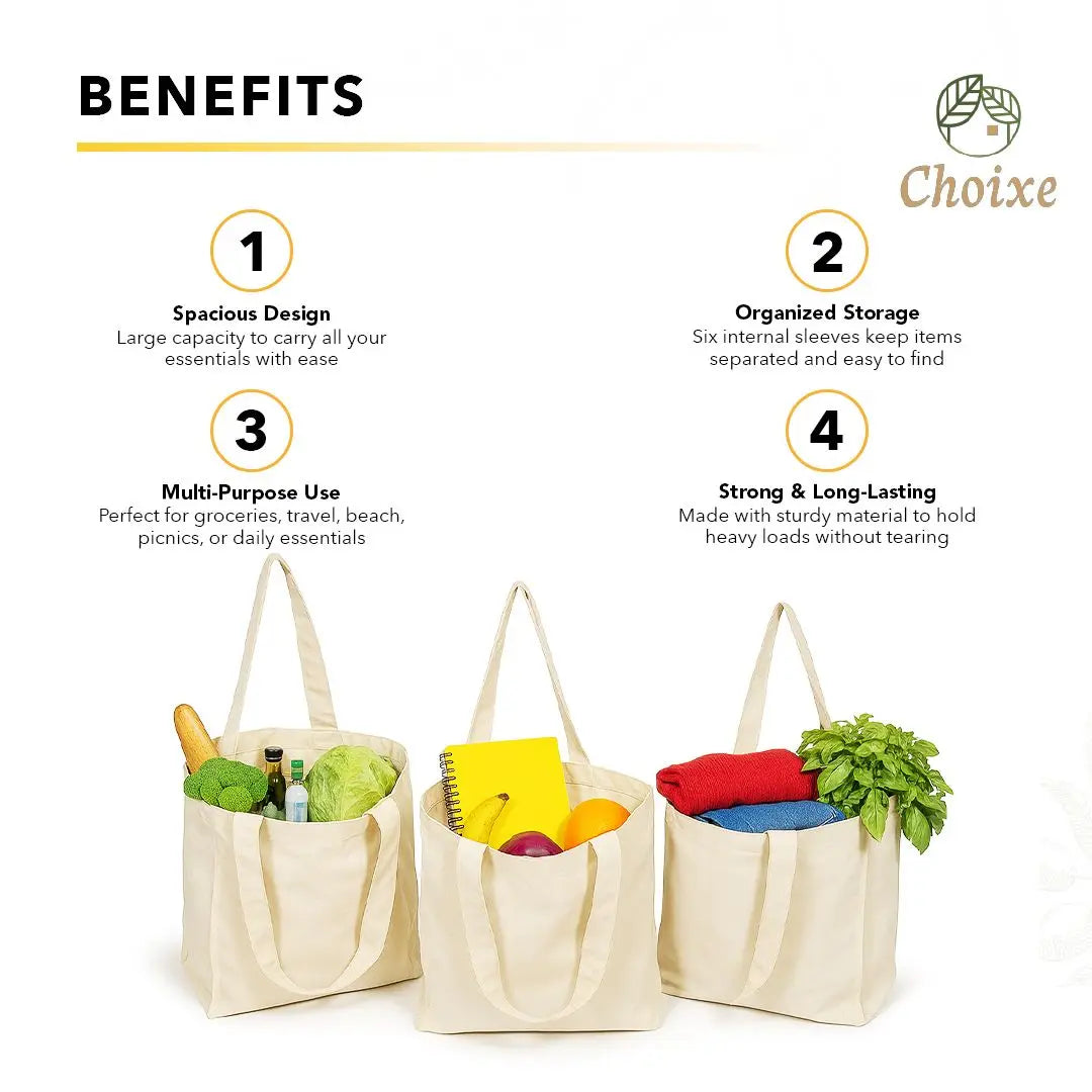 Reusable Organic Cotton Mesh Grocery Bag, with 6 Internal Sleeves, Eco-Friendly Washable, .