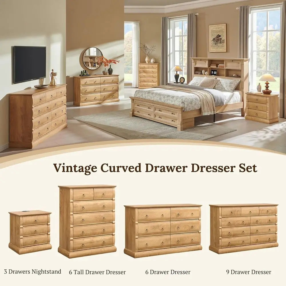 Vintage 52 Wide Chest with Curved Fronts and Retro Ring Pulls, Light Walnut Wood Storage for Living Spaces
