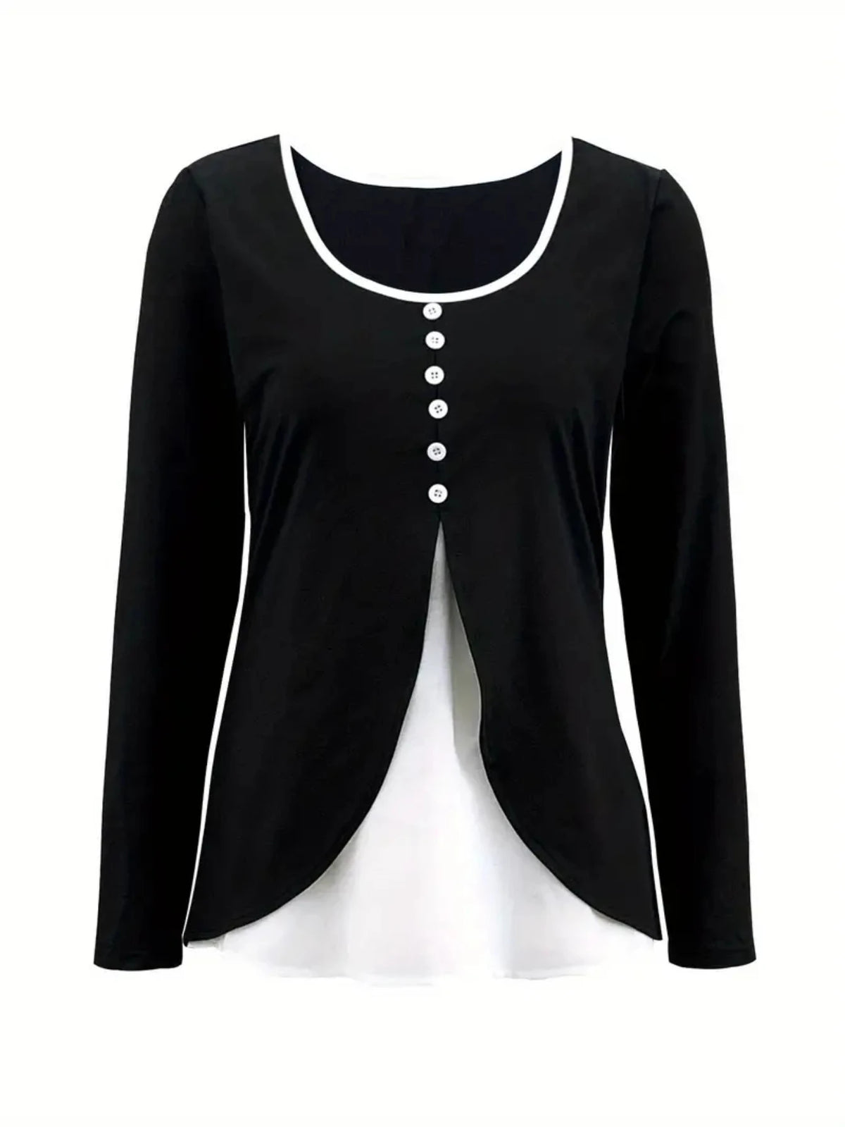 Color Block Fake Two Piece U Neck Button Detail Long Sleeve Tunic Top.
