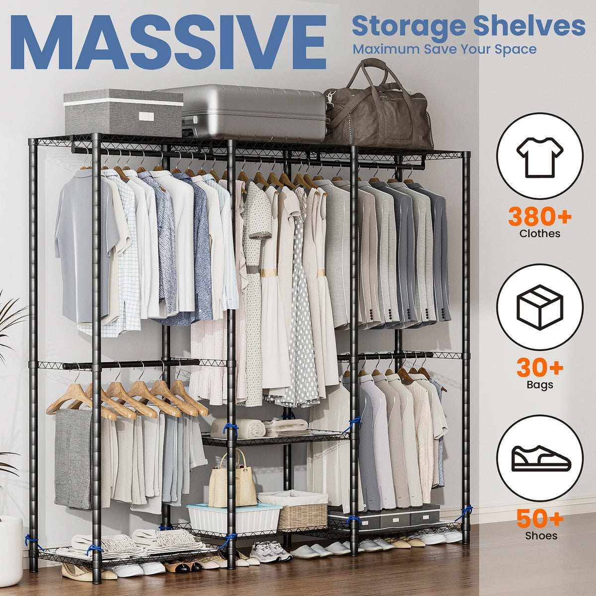 Portable Closet Wardrobe Storage Clothes Rack with Adjustable Non-Woven Fabric Cover