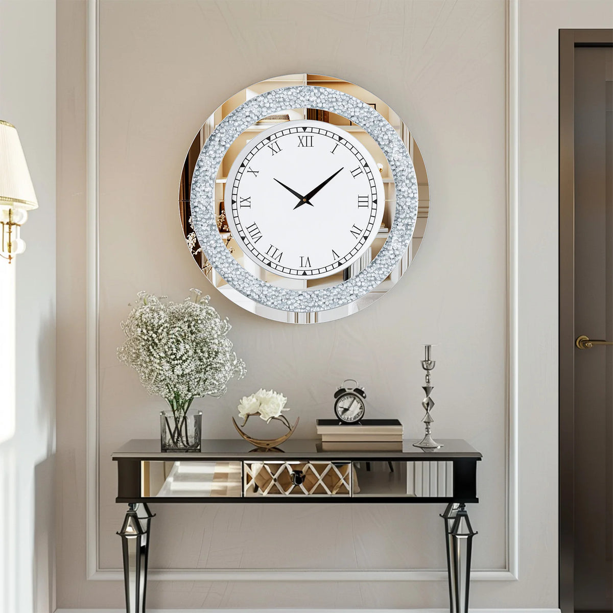 Large Mirror Wall Clock with Crushed Diamond Edge, Sparkling Bling Bling Crystal Round Clock. Luxury Glamorous Home Decor, Silent Non-Ticking Quartz, .