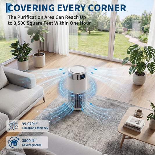 H13 True HEPA Air Purifier for Home, Extra Large Rooms up to 3500 Sq Ft – 99.97% 0.1 Micron Filtration – Smart Air Quality Monitor, Night Light – Removes Smoke, Particulate, Pollen, Pet Dander, Odors