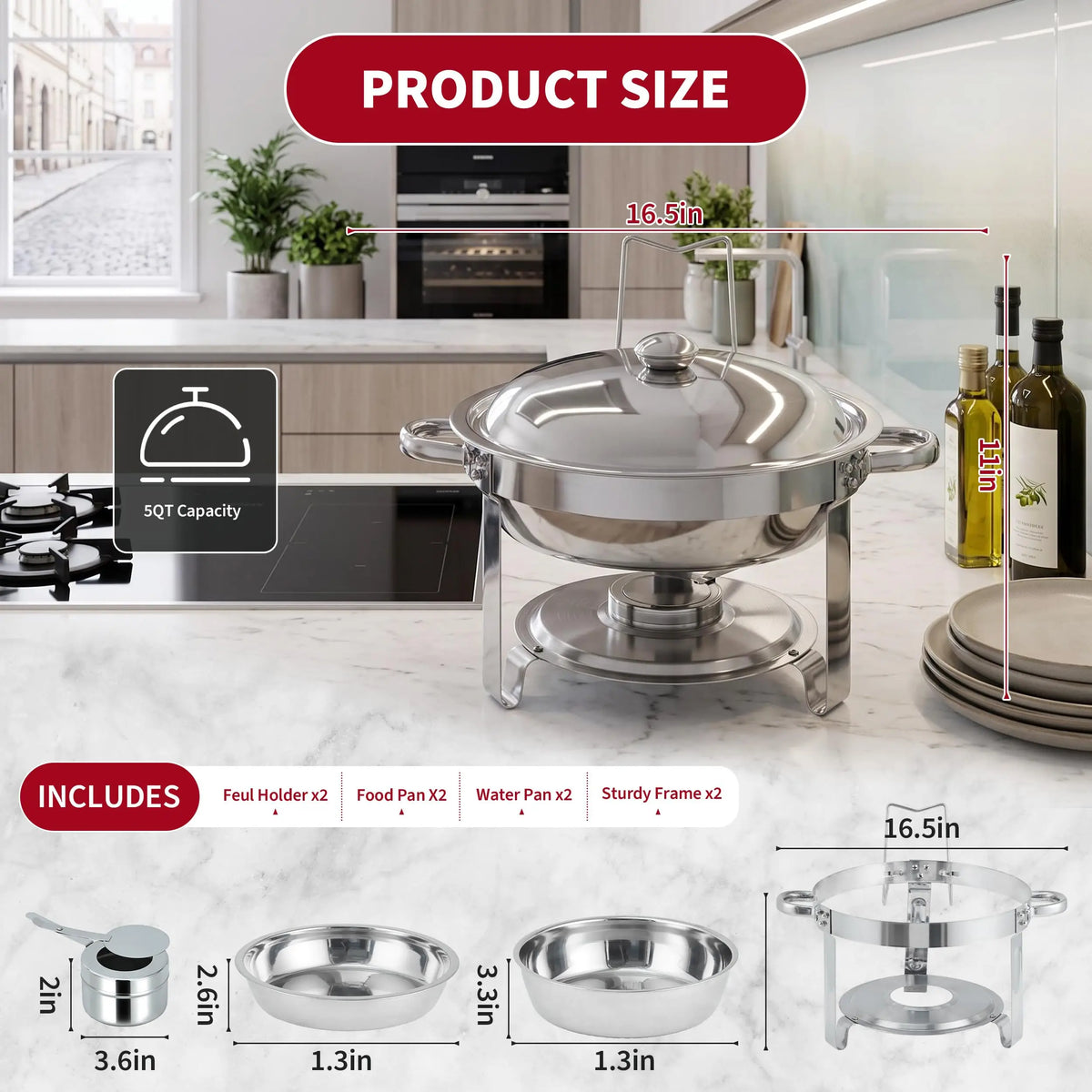 Chafing Dishes for Buffet, 2 Pack Round Chafing Dish Buffet Set, 5 QT Chafer Food Warmer with Lid,