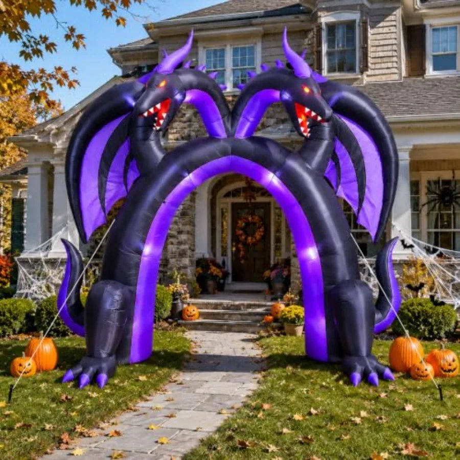 Halloween inflatable dragon archway for outdoor use, PVC material, black and red, double-headed walk-through design .